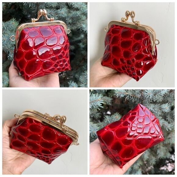 Handmade Genuine Leather Embossed Cobblestone Texture Kisslock Bag & Small Purse - Picture 14 of 16